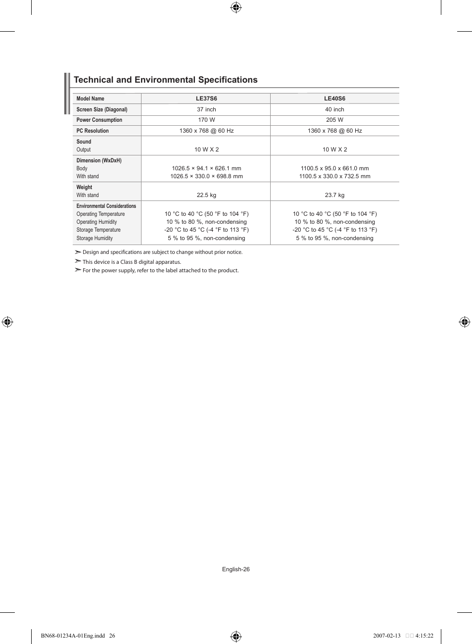 Technical and environmental specifications | Samsung LE40S61B User Manual | Page 28 / 187