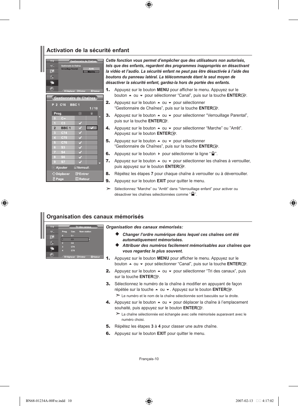 Organisation des canaux mémorisés, Activation de la sécurité enfant | Samsung LE40S61B User Manual | Page 38 / 187