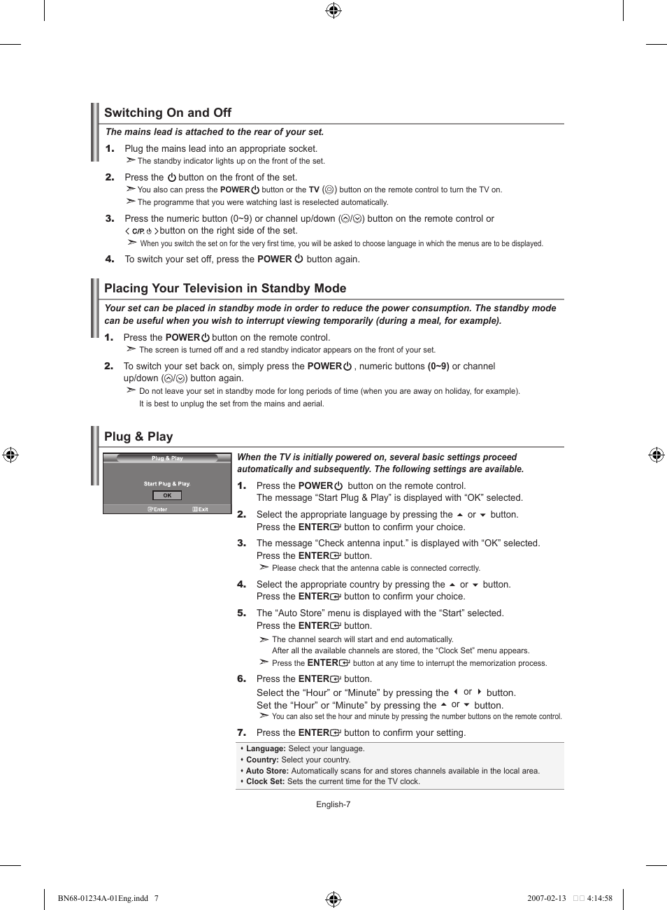 Switching on and off, Placing your television in standby mode, Plug & play | Samsung LE40S61B User Manual | Page 9 / 187