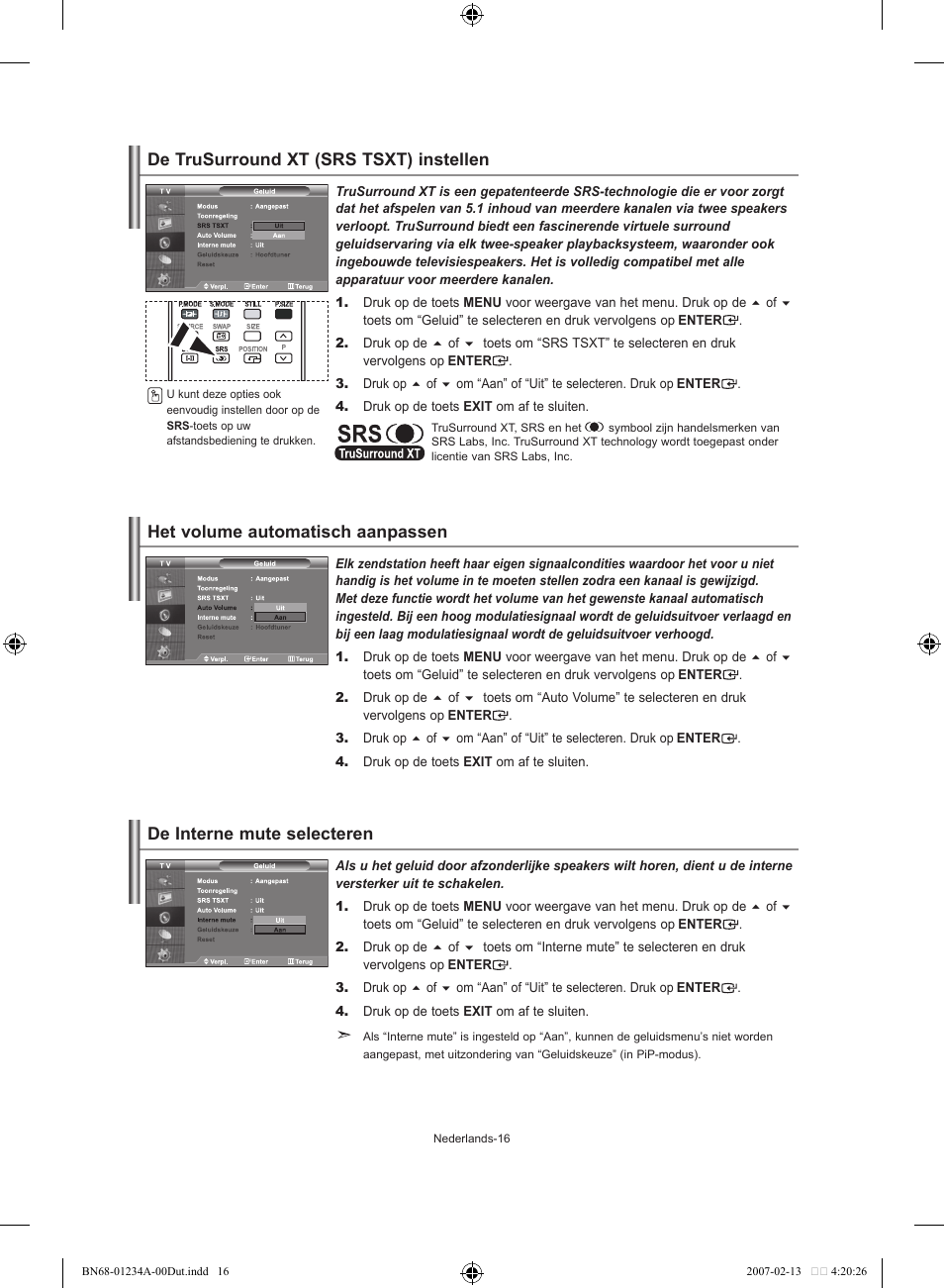 De trusurround xt (srs tsxt) instellen, Het volume automatisch aanpassen, De interne mute selecteren | Samsung LE40S61B User Manual | Page 96 / 187