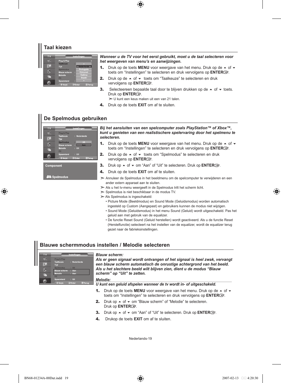 Taal kiezen, De spelmodus gebruiken, Blauwe schermmodus instellen / melodie selecteren | Samsung LE40S61B User Manual | Page 99 / 187