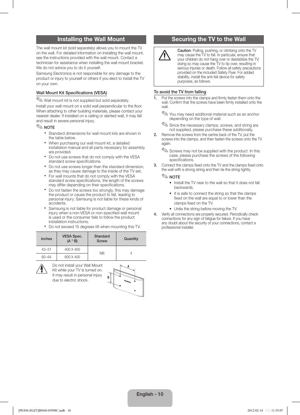 Installing the wall mount, Securing the tv to the wall | Samsung PS43E450A1W User Manual | Page 10 / 51