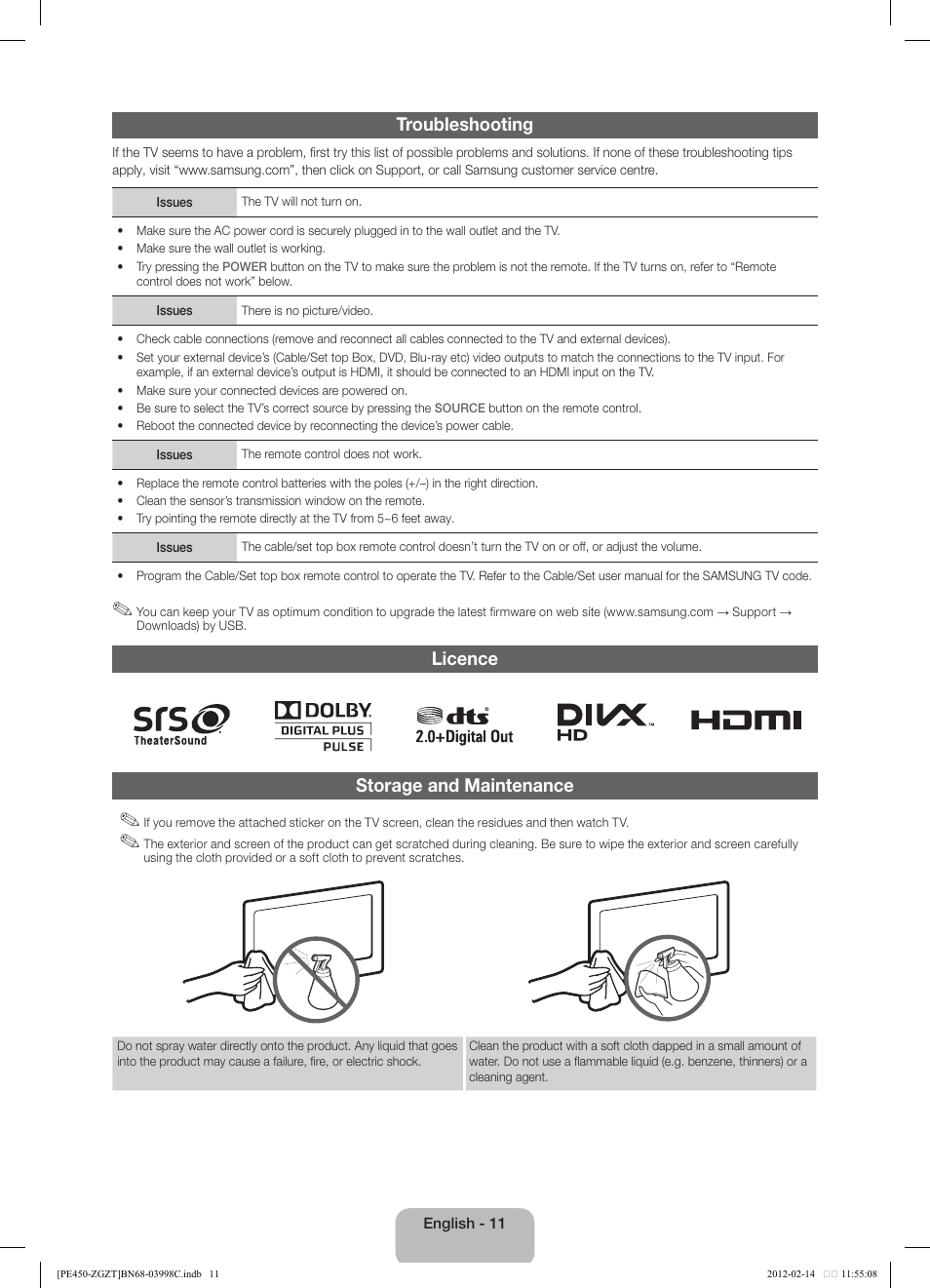 Troubleshooting, Licence storage and maintenance | Samsung PS43E450A1W User Manual | Page 11 / 51