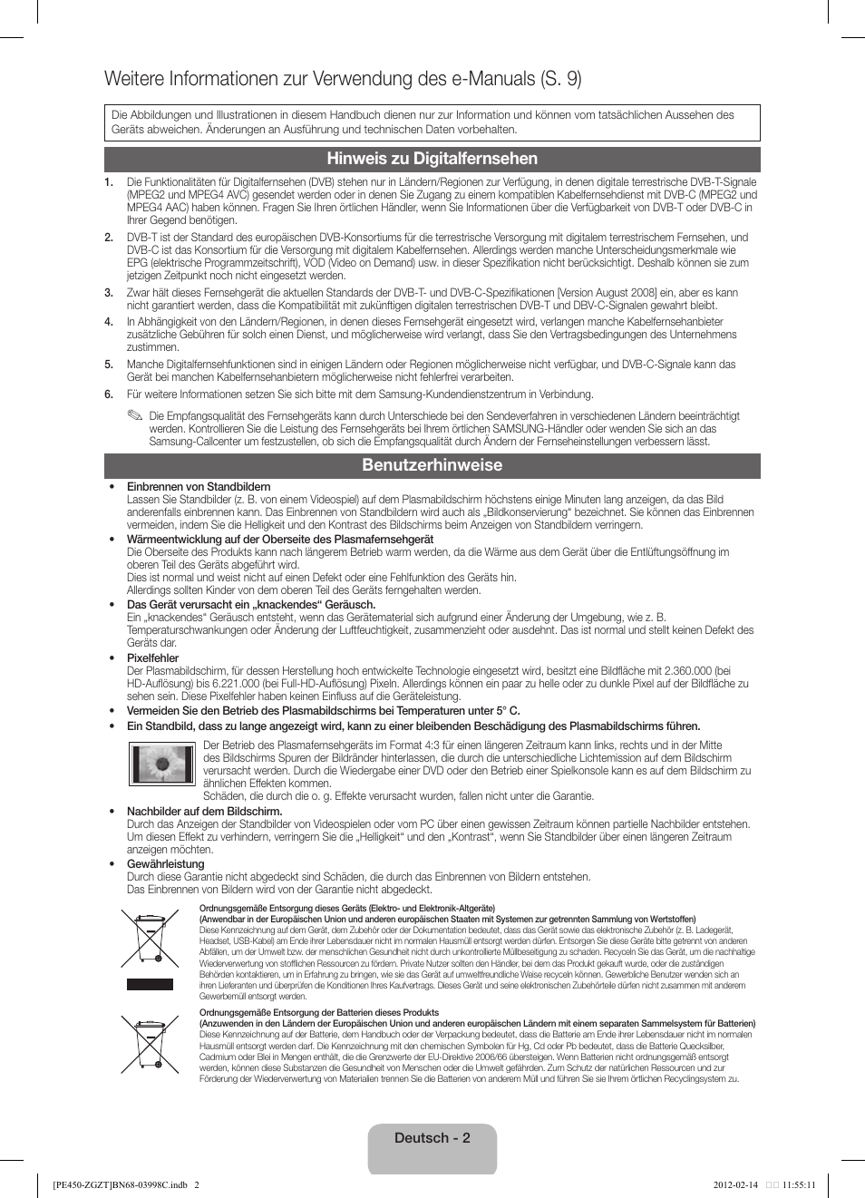 Hinweis zu digitalfernsehen, Benutzerhinweise | Samsung PS43E450A1W User Manual | Page 14 / 51