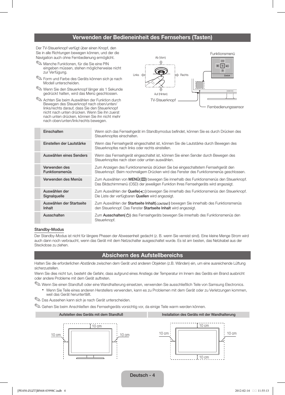 Absichern des aufstellbereichs | Samsung PS43E450A1W User Manual | Page 16 / 51