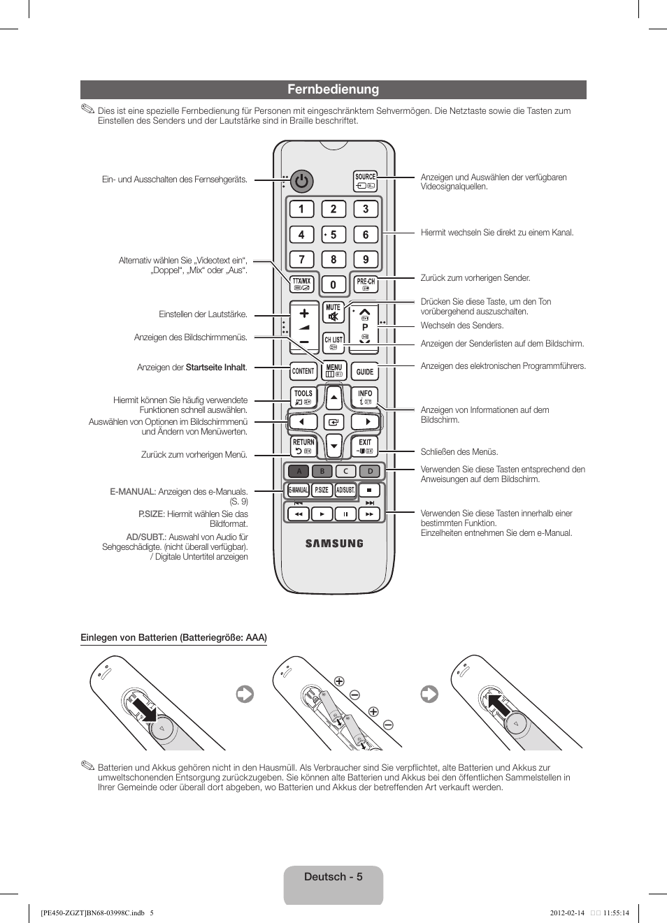 Fernbedienung | Samsung PS43E450A1W User Manual | Page 17 / 51