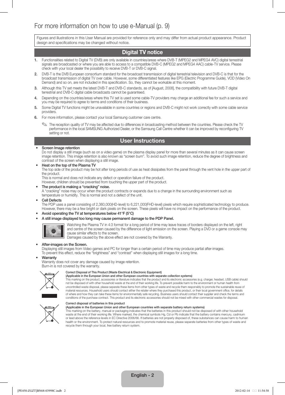 For more information on how to use e-manual (p. 9), Digital tv notice, User instructions | Samsung PS43E450A1W User Manual | Page 2 / 51