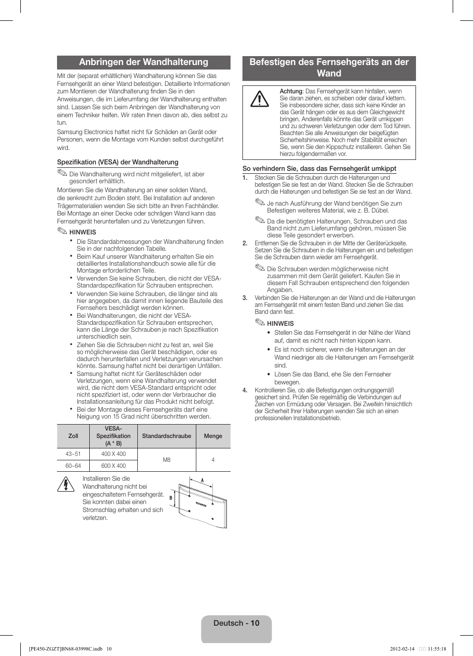Anbringen der wandhalterung, Befestigen des fernsehgeräts an der wand | Samsung PS43E450A1W User Manual | Page 22 / 51