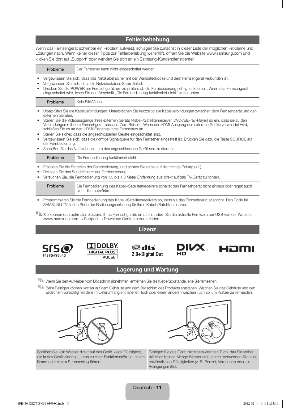 Fehlerbehebung, Lizenz lagerung und wartung | Samsung PS43E450A1W User Manual | Page 23 / 51