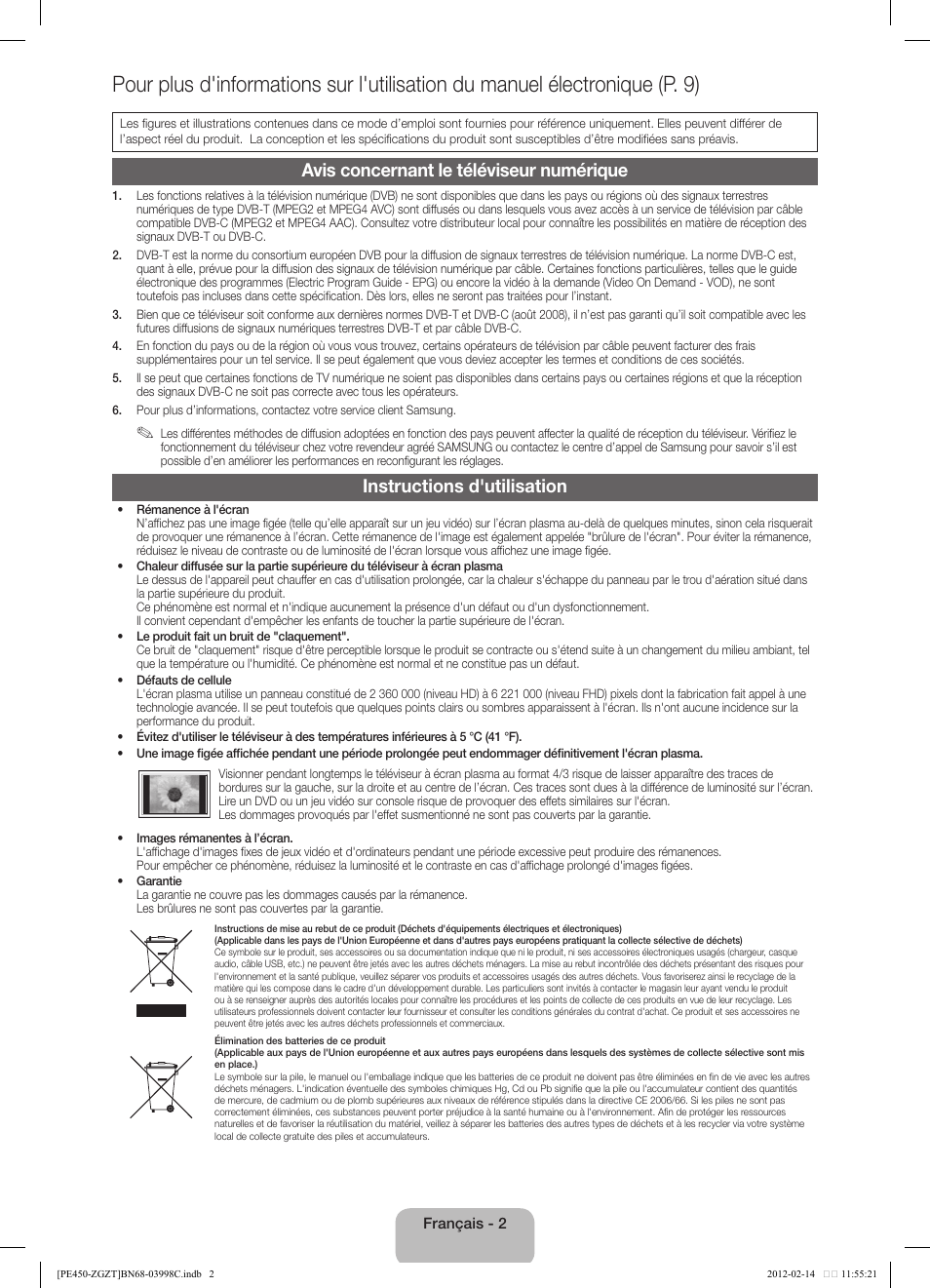 Avis concernant le téléviseur numérique, Instructions d'utilisation | Samsung PS43E450A1W User Manual | Page 26 / 51