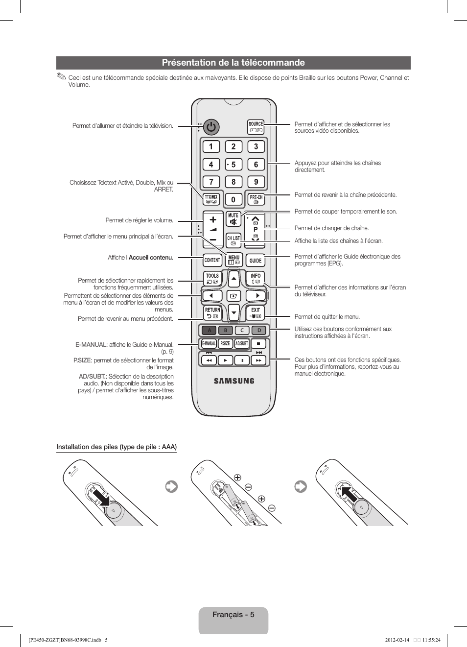 Présentation de la télécommande | Samsung PS43E450A1W User Manual | Page 29 / 51