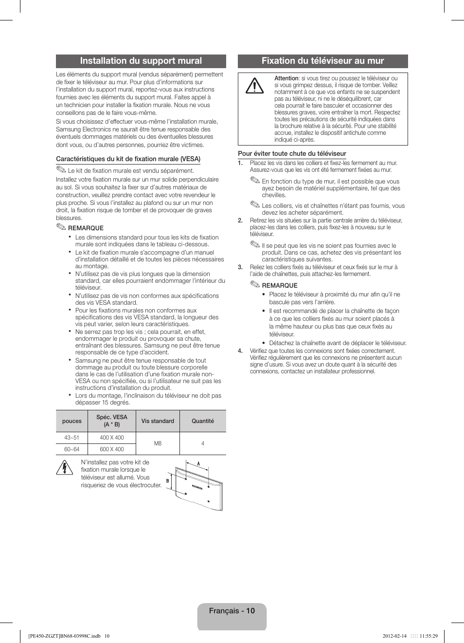 Installation du support mural, Fixation du téléviseur au mur | Samsung PS43E450A1W User Manual | Page 34 / 51