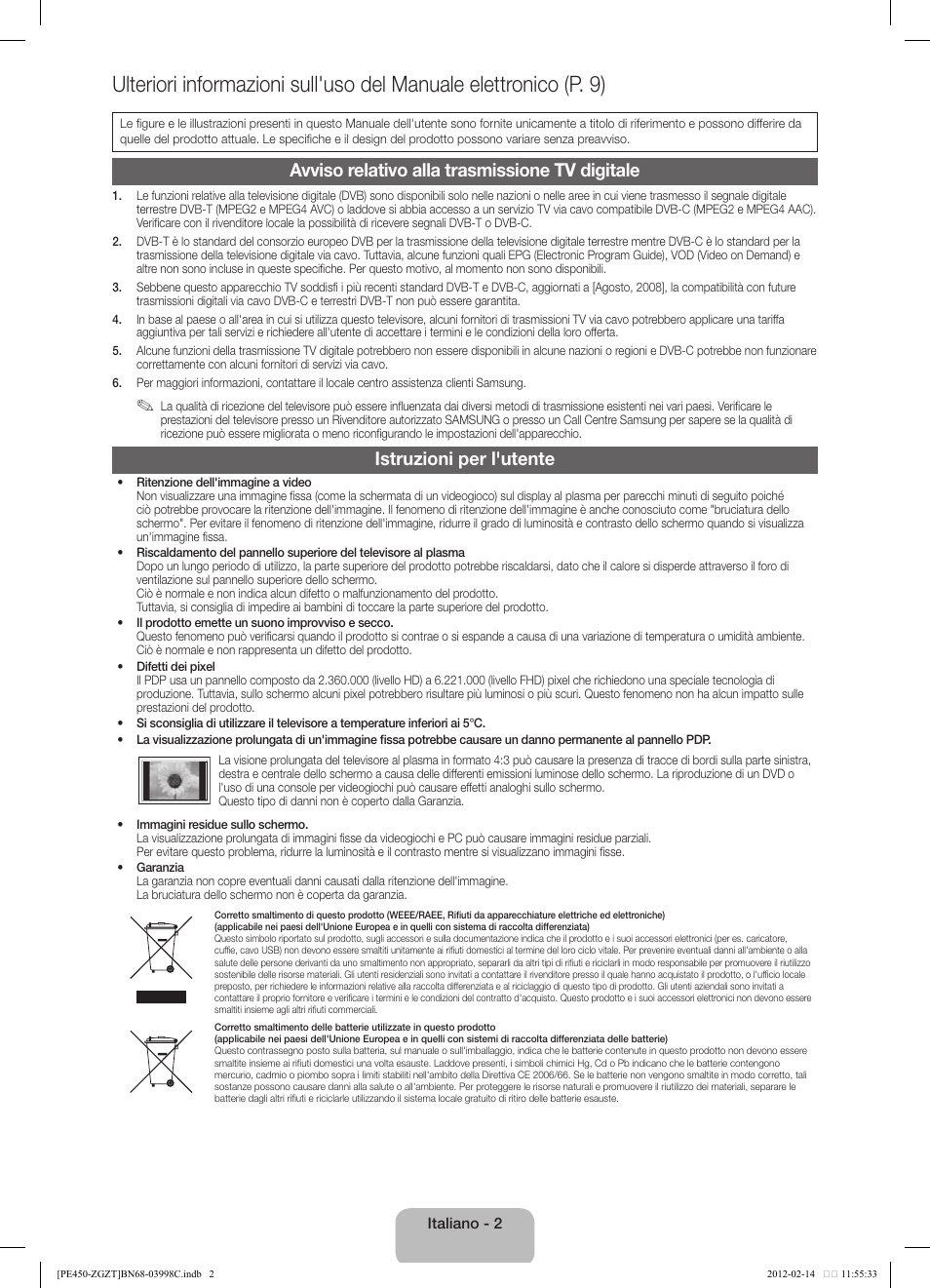 Avviso relativo alla trasmissione tv digitale, Istruzioni per l'utente | Samsung PS43E450A1W User Manual | Page 38 / 51