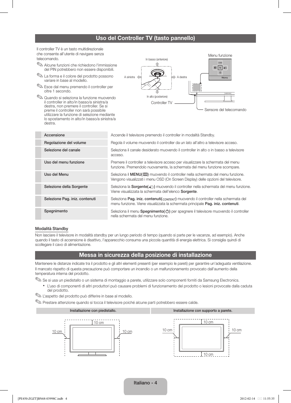 Uso del controller tv (tasto pannello) | Samsung PS43E450A1W User Manual | Page 40 / 51
