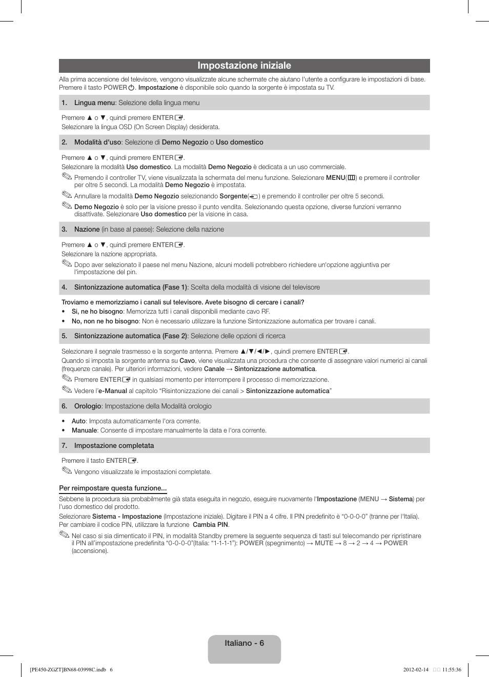 Impostazione iniziale | Samsung PS43E450A1W User Manual | Page 42 / 51