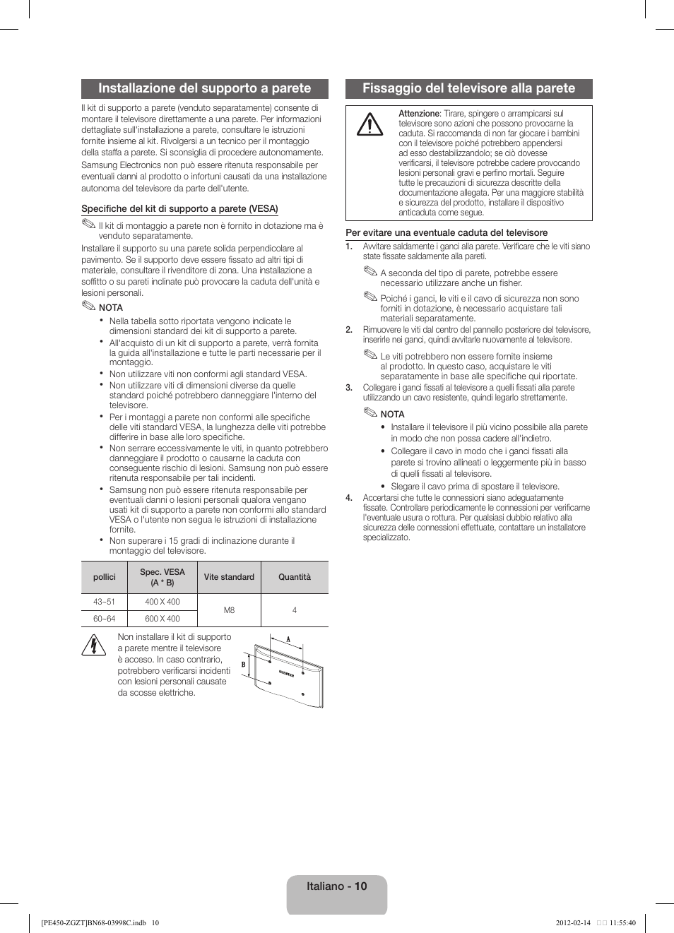 Installazione del supporto a parete, Fissaggio del televisore alla parete | Samsung PS43E450A1W User Manual | Page 46 / 51