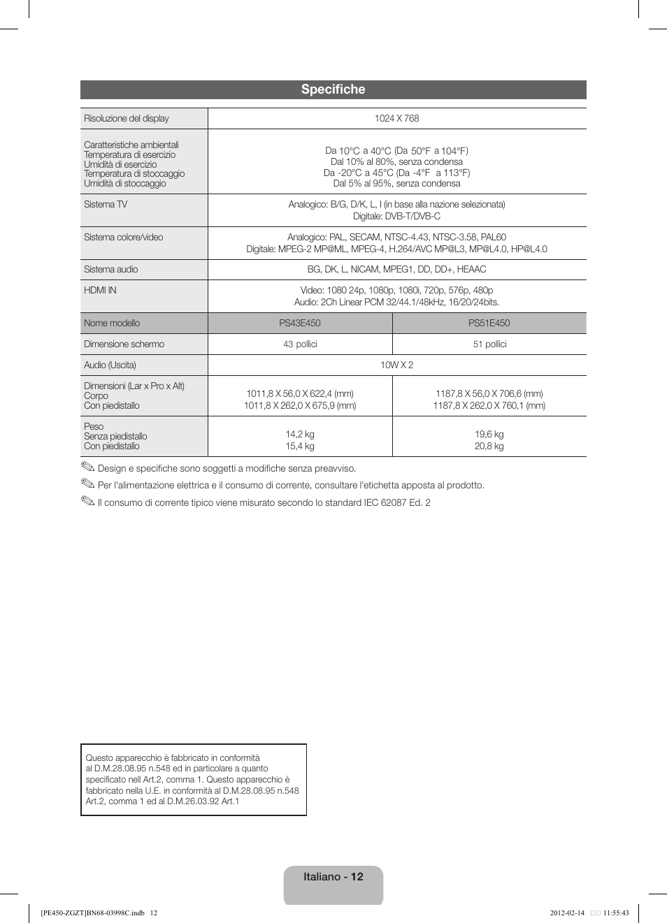 Specifiche | Samsung PS43E450A1W User Manual | Page 48 / 51