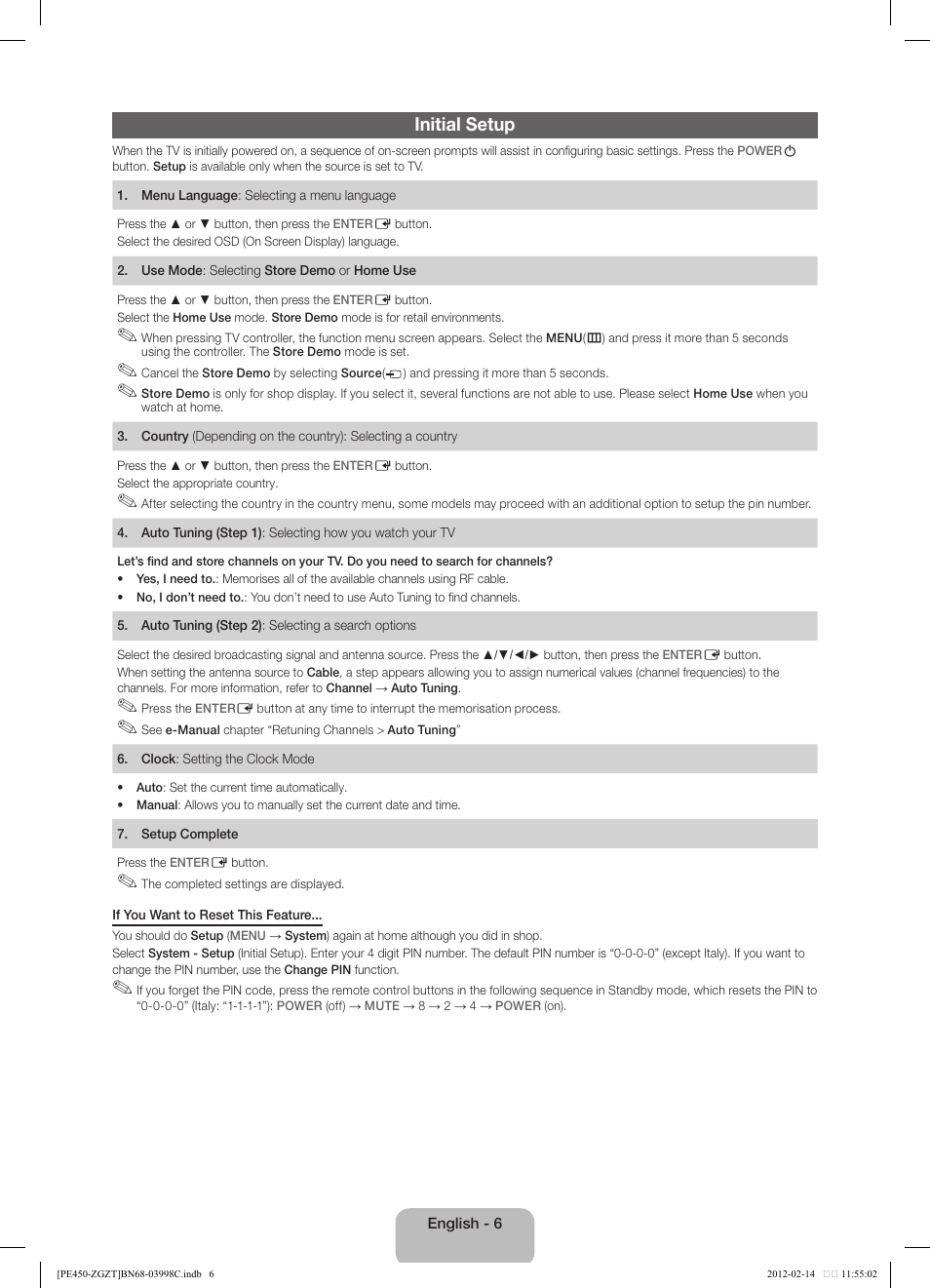 Initial setup | Samsung PS43E450A1W User Manual | Page 6 / 51