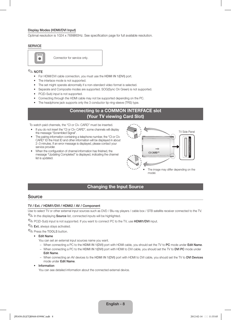 Changing the input source source | Samsung PS43E450A1W User Manual | Page 8 / 51