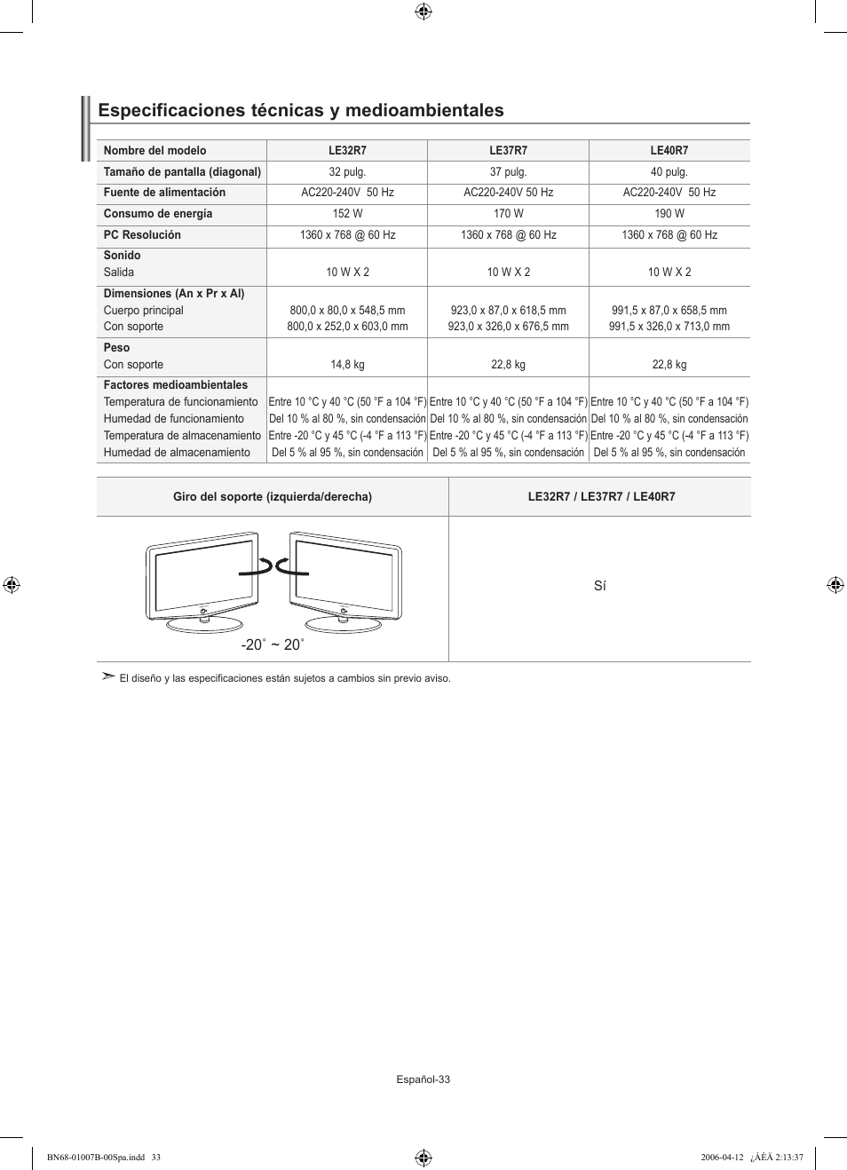 Especificaciones técnicas y medioambientales | Samsung LE40R73BD User Manual | Page 105 / 107