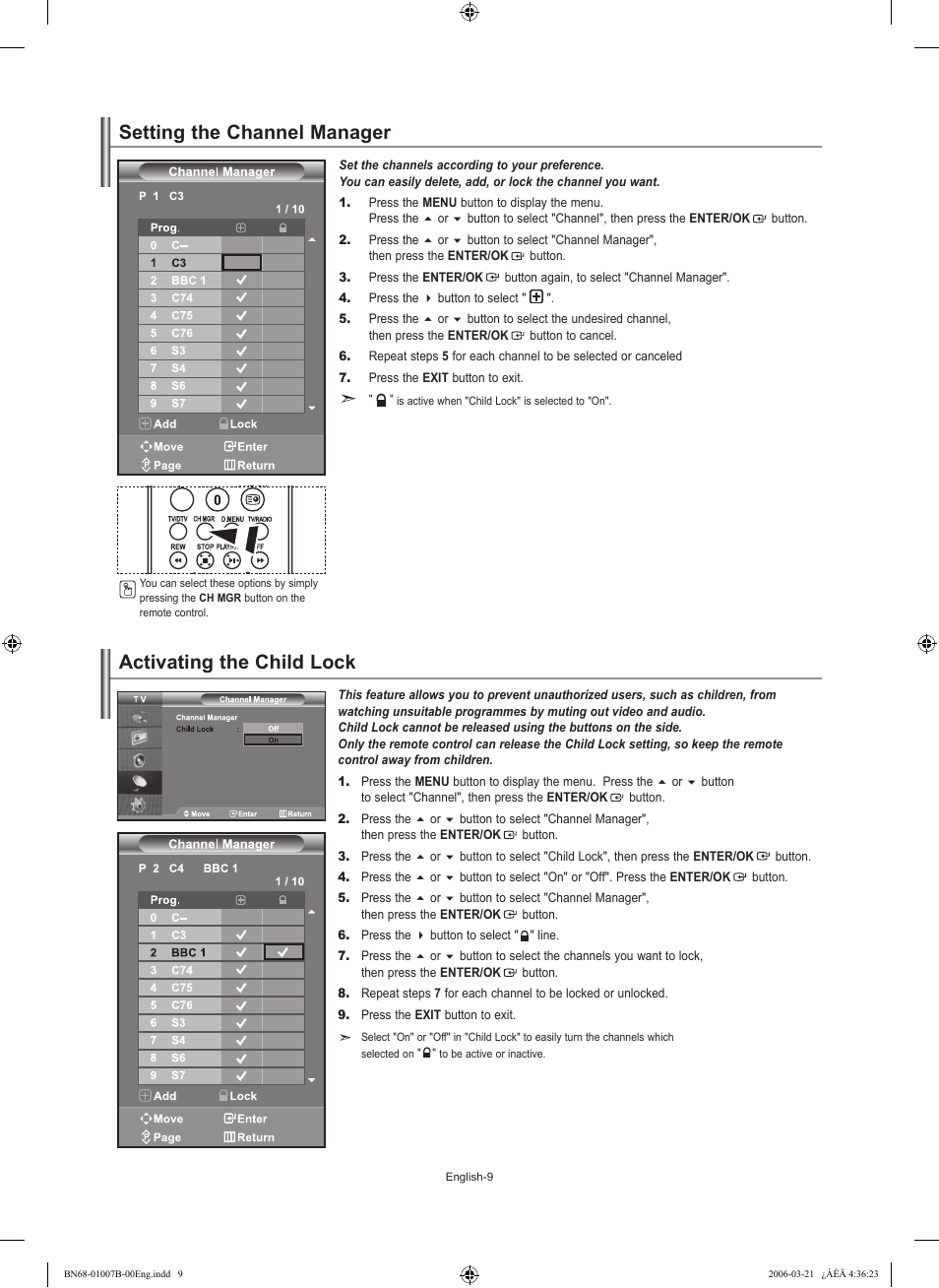 Setting the channel manager, Activating the child lock | Samsung LE40R73BD User Manual | Page 11 / 107