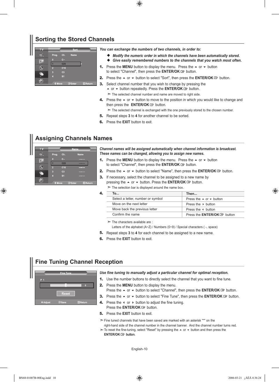 Sorting the stored channels, Assigning channels names, Fine tuning channel reception | Samsung LE40R73BD User Manual | Page 12 / 107