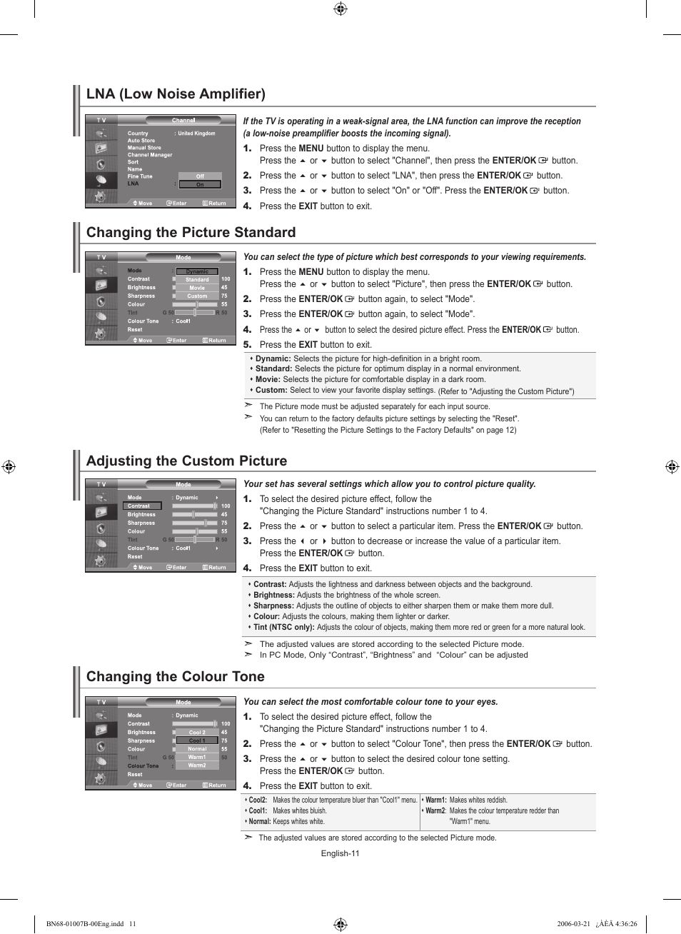 Lna (low noise amplifier), Setting the picture, Changing the picture standard | Adjusting the custom picture, Changing the colour tone | Samsung LE40R73BD User Manual | Page 13 / 107