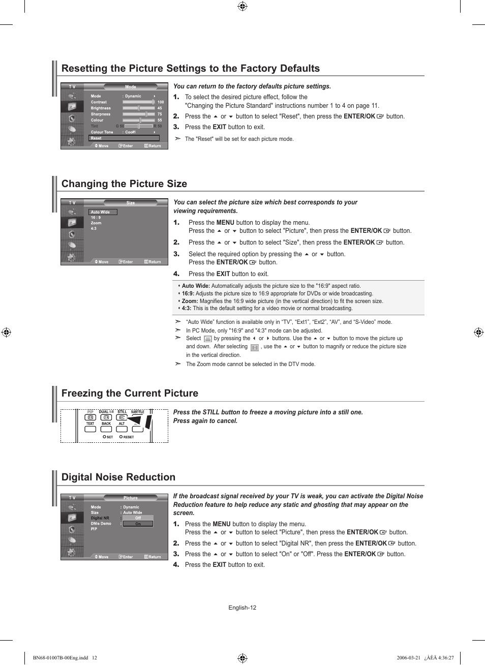 Changing the picture size, Freezing the current picture, Digital noise reduction | Samsung LE40R73BD User Manual | Page 14 / 107