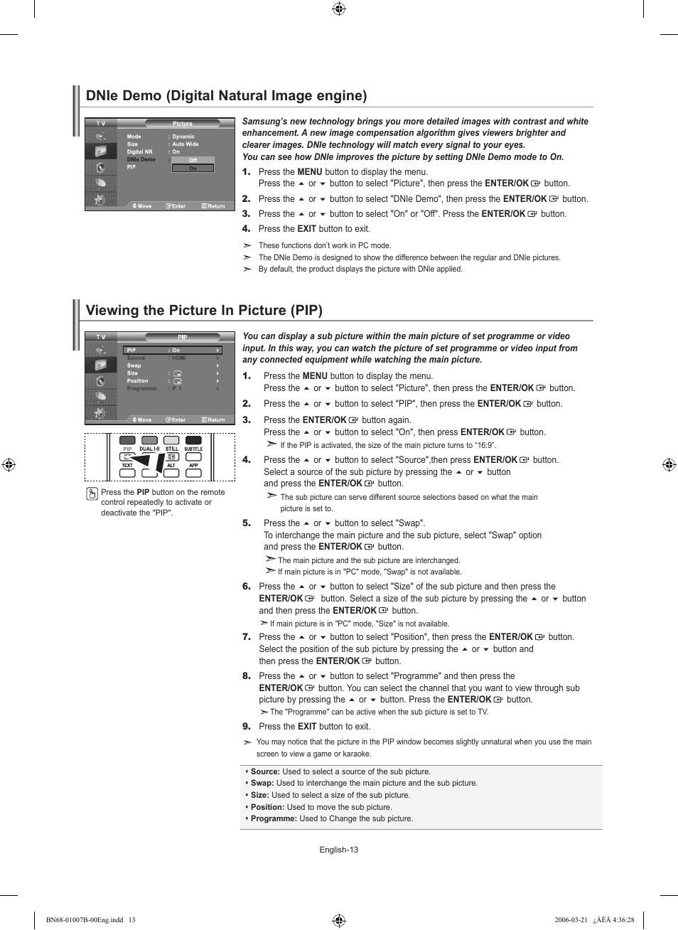 Dnie demo (digital natural image engine), Viewing the picture in picture (pip) | Samsung LE40R73BD User Manual | Page 15 / 107