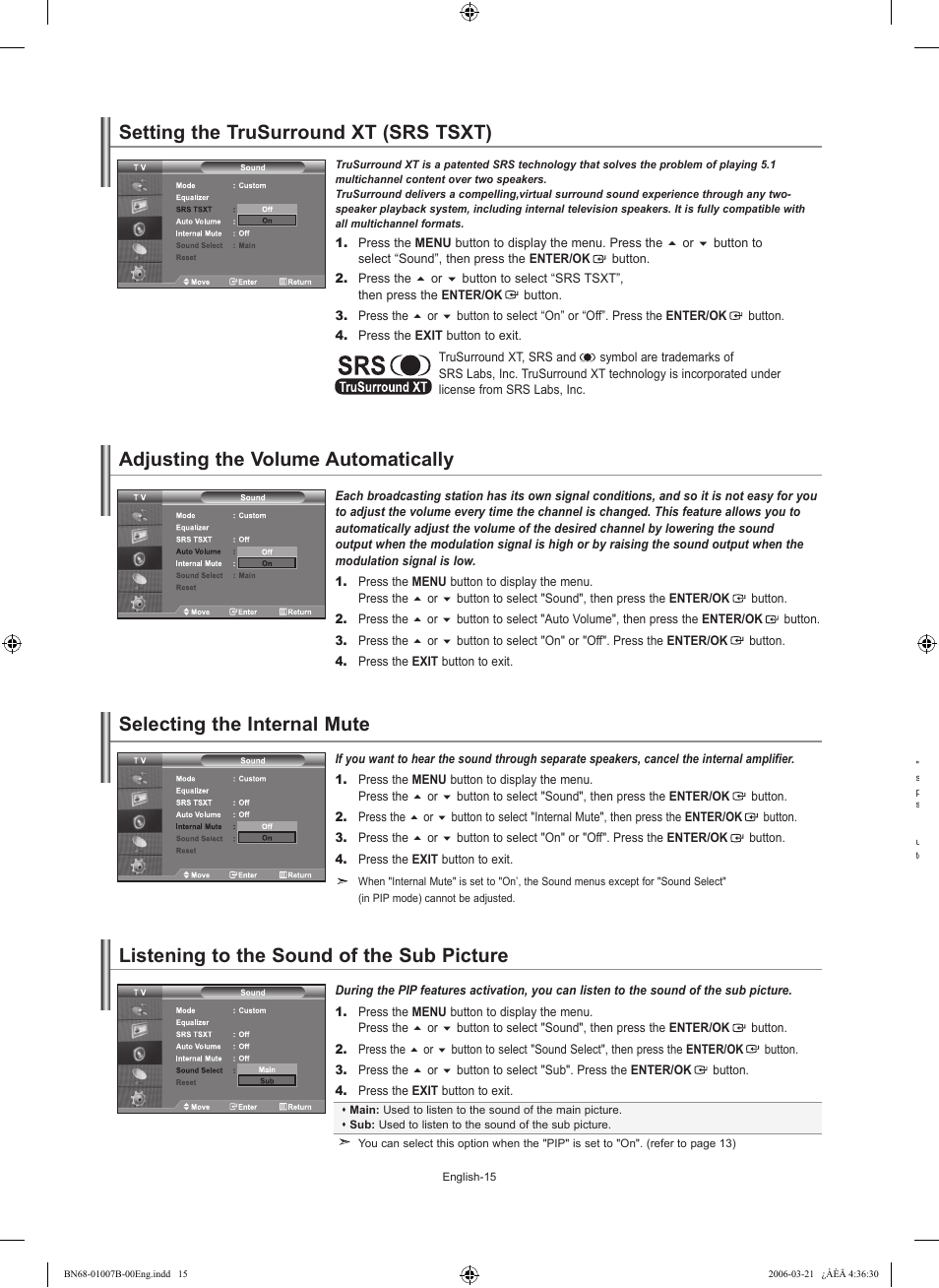 Setting the trusurround xt (srs tsxt), Adjusting the volume automatically, Selecting the internal mute | Listening to the sound of the sub picture | Samsung LE40R73BD User Manual | Page 17 / 107