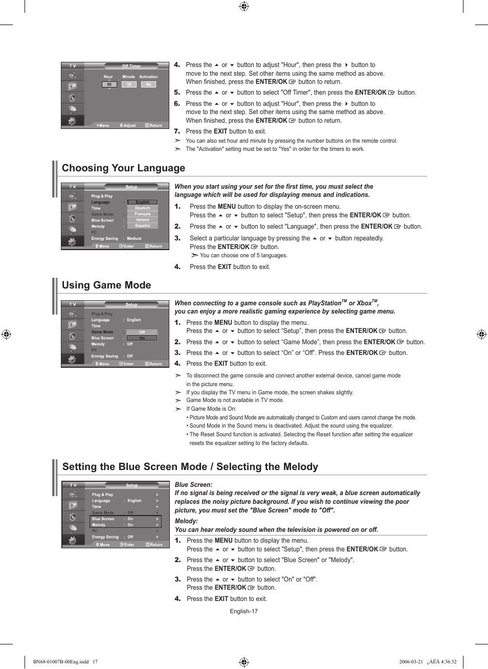 Setting the oother, Choosing your language, Using game mode | Samsung LE40R73BD User Manual | Page 19 / 107
