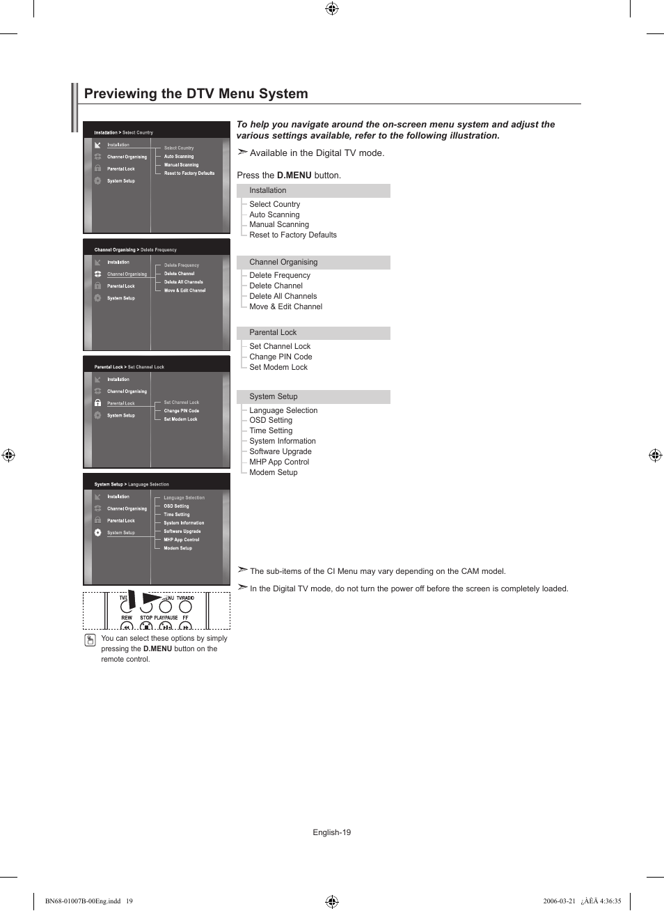 Previewing the dtv mmenu system, Previewing the dtv menu system | Samsung LE40R73BD User Manual | Page 21 / 107