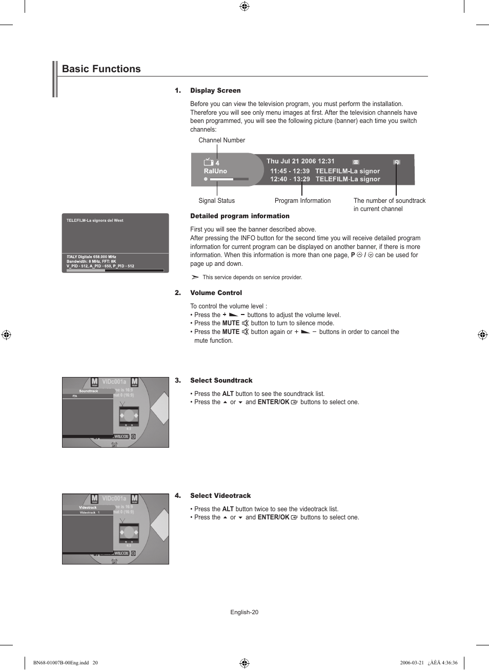 Basic functions, Display screen, Volume control | Select soundtrack, Select videotrack | Samsung LE40R73BD User Manual | Page 22 / 107