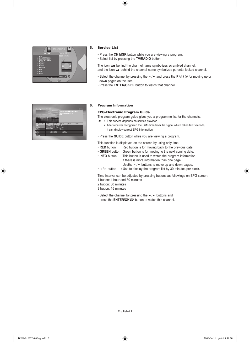 Service list, Program information | Samsung LE40R73BD User Manual | Page 23 / 107