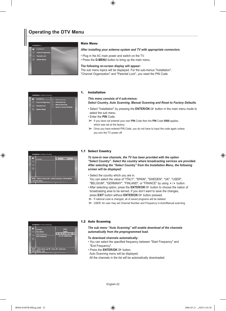 Operating the dtv menu, Main menu, Installation | 1 select country, 2 auto scanning | Samsung LE40R73BD User Manual | Page 24 / 107