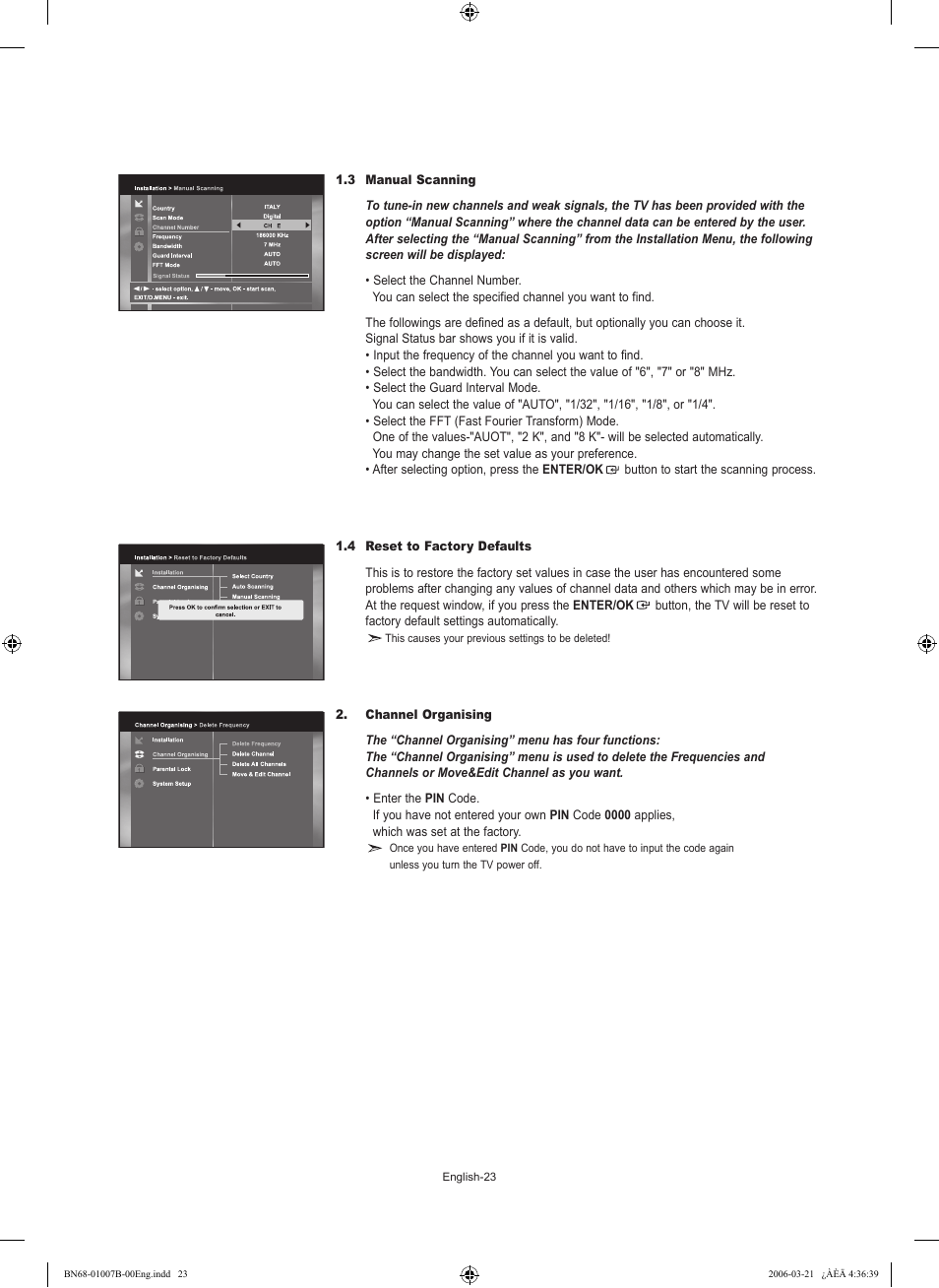 3 manual scanning, 4 reset to factory defaults, Channel organising | Samsung LE40R73BD User Manual | Page 25 / 107