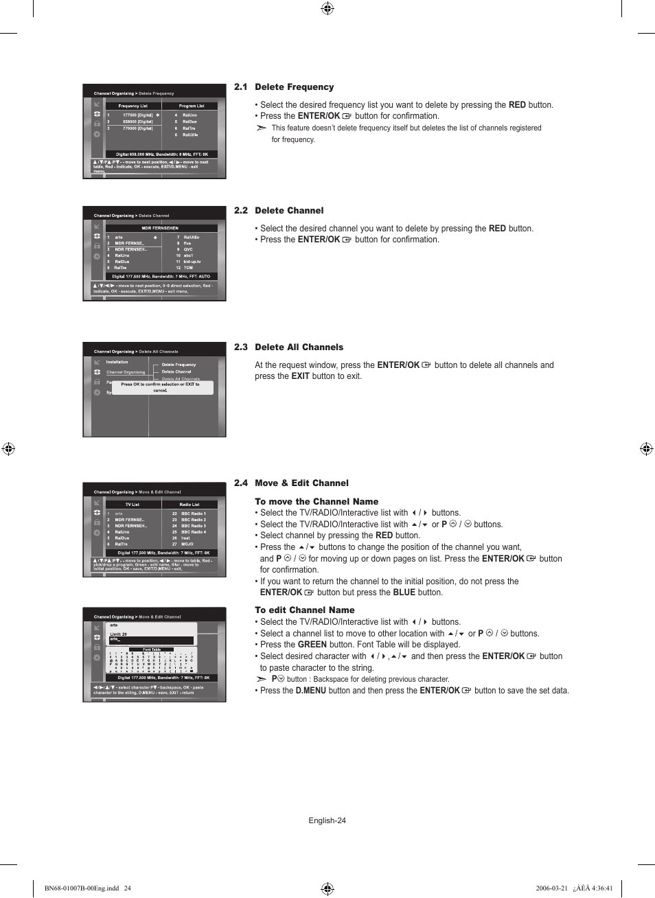 1 delete frequency, 2 delete channel, 3 delete all channels | 4 move & edit channel | Samsung LE40R73BD User Manual | Page 26 / 107