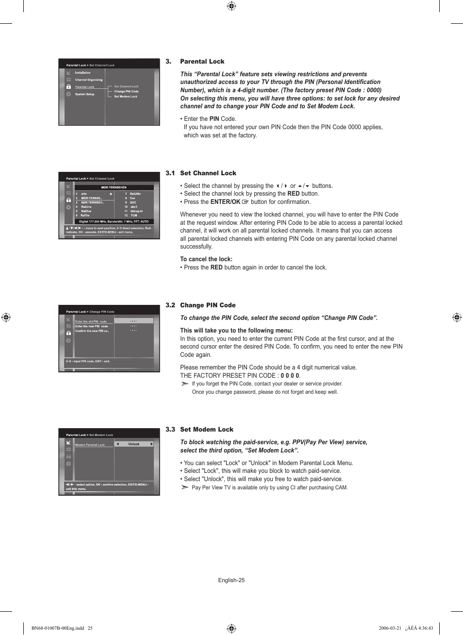 Parental lock, 1 set channel lock, 2 change pin code | 3 set modem lock | Samsung LE40R73BD User Manual | Page 27 / 107
