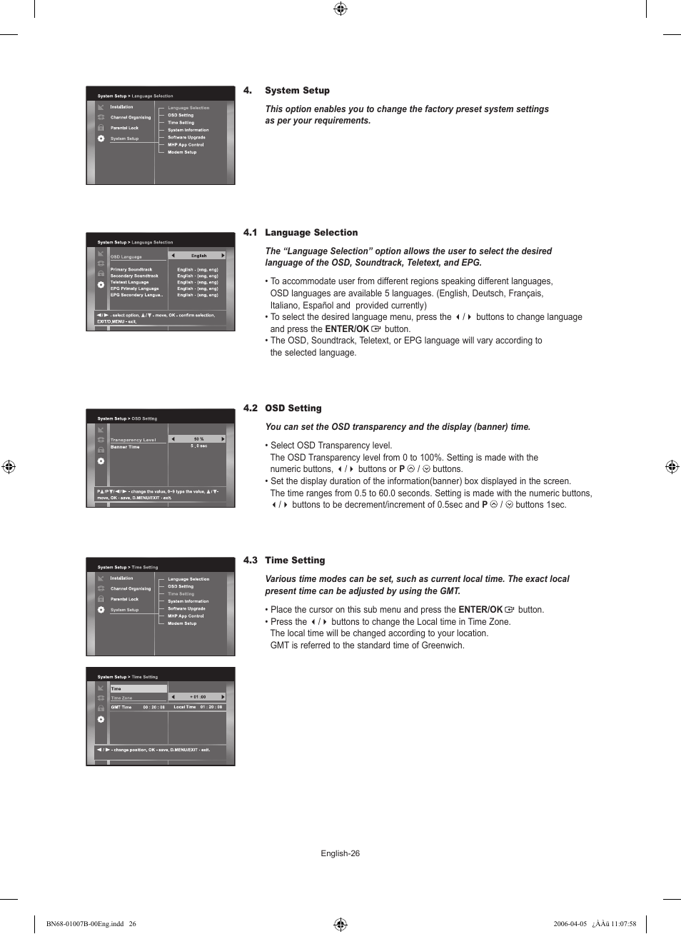 System setup, 1 language selection, 2 osd setting | 3 time setting | Samsung LE40R73BD User Manual | Page 28 / 107