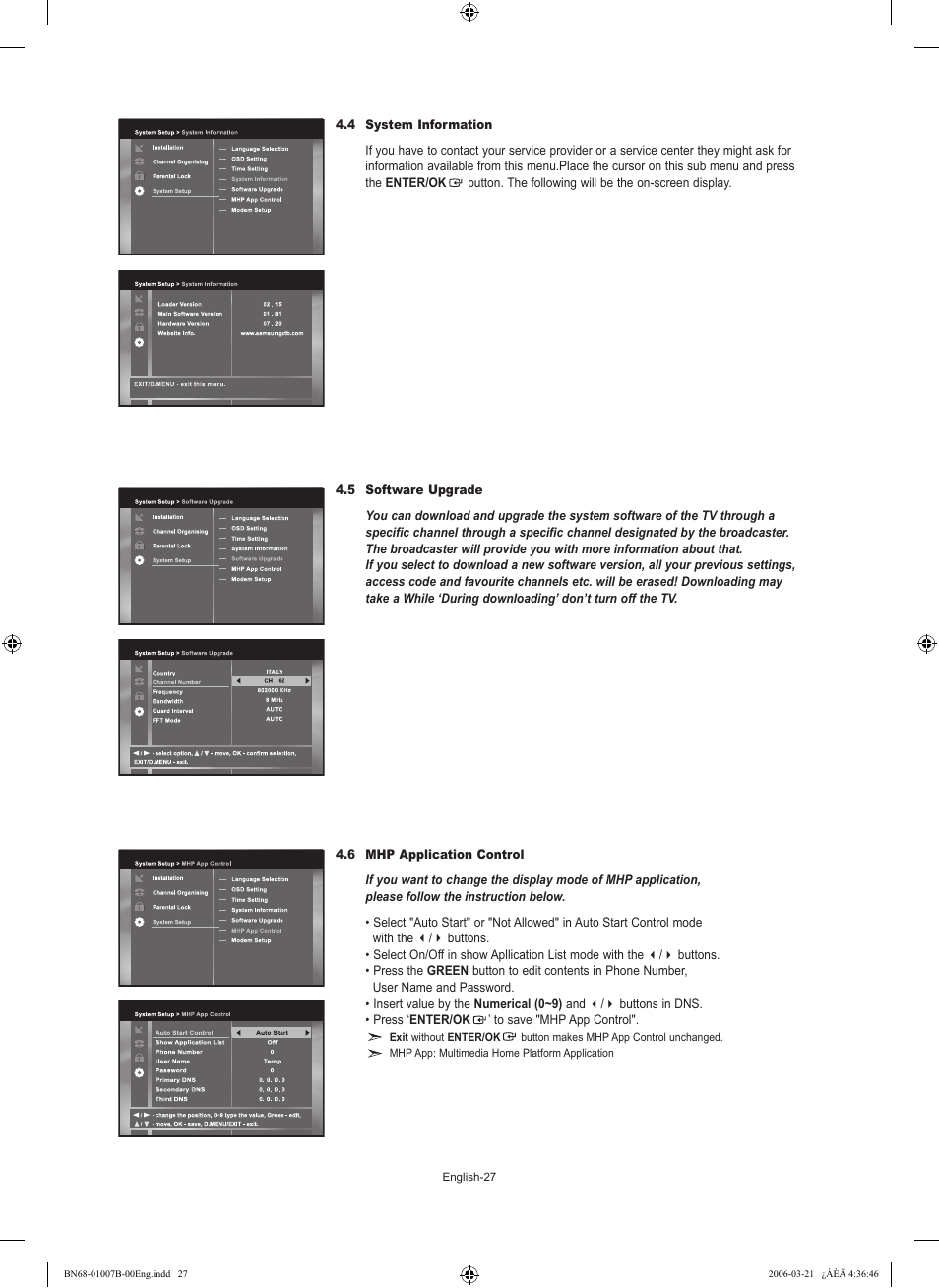4 system information, 5 software upgrade, 6 mhp application control | Samsung LE40R73BD User Manual | Page 29 / 107
