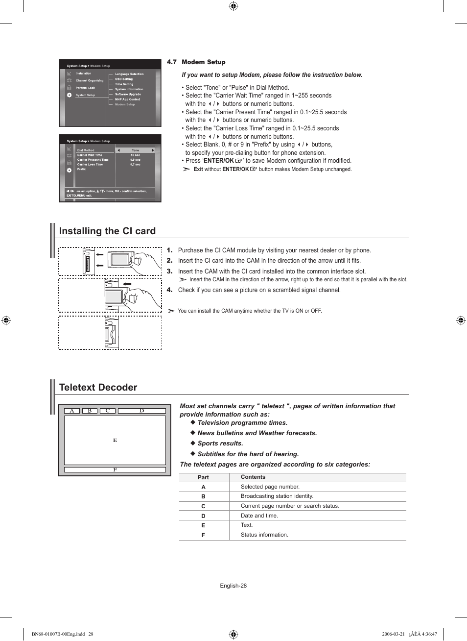 7 modem setup, Installing the ci card, Usuing the teletext feature | Teletext decoder | Samsung LE40R73BD User Manual | Page 30 / 107