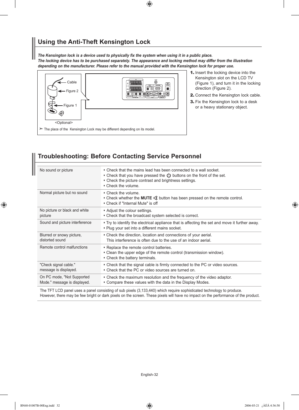 Recommendations for use, Using the anti-theft kensington lock | Samsung LE40R73BD User Manual | Page 34 / 107