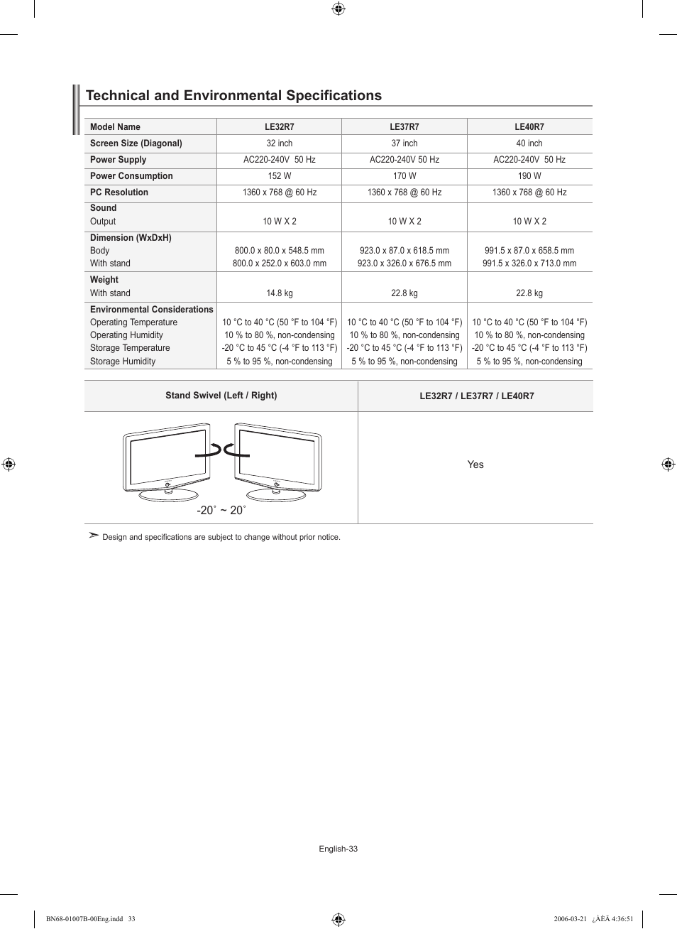 Technical and eenvironmental specifications, Technical and environmental specifications | Samsung LE40R73BD User Manual | Page 35 / 107