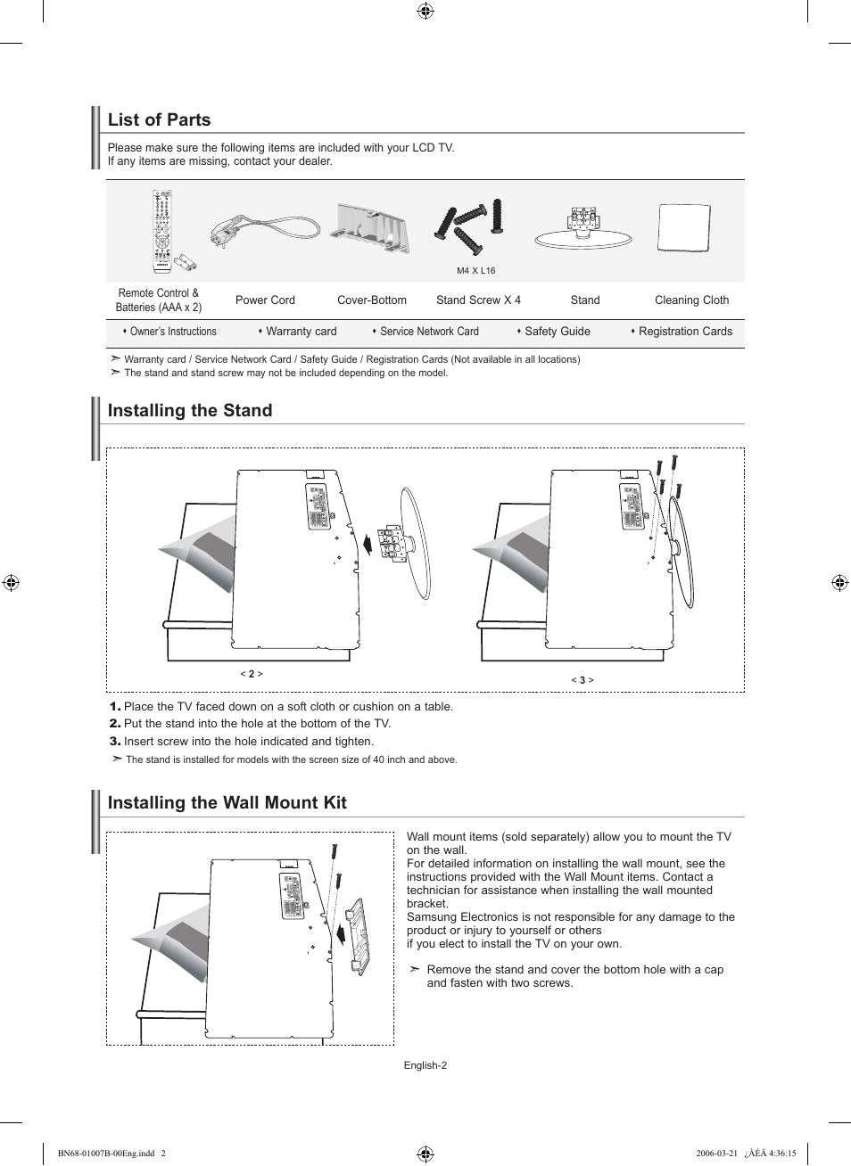Conne ccting and prepparing your ttv, List of parts, Installing the stand | Installing the wall mmount kit, Installing the wall mount kit | Samsung LE40R73BD User Manual | Page 4 / 107