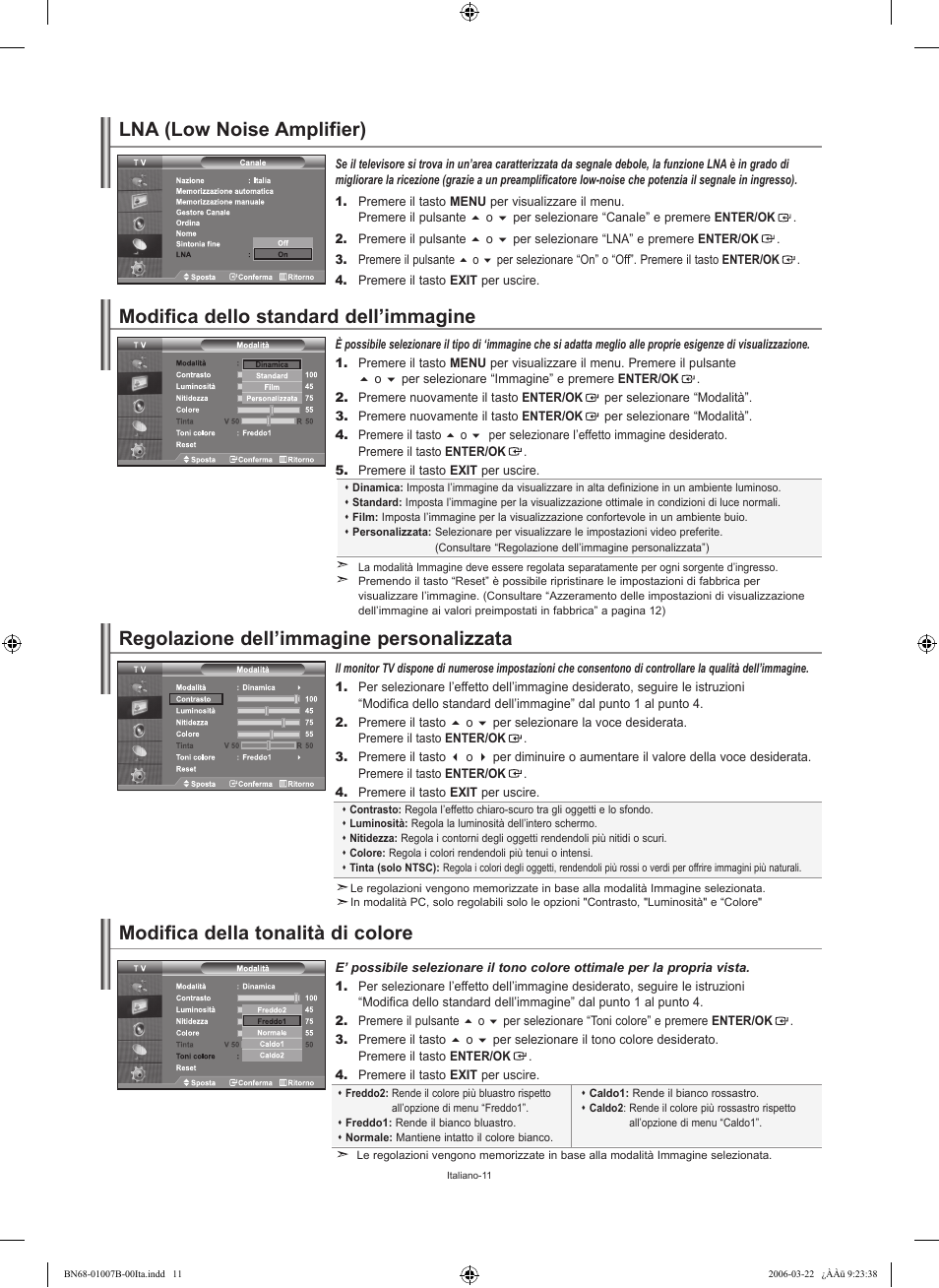 Modifica dello standard dell’immagine, Modifica della tonalità di colore, Regolazione dell’immagine personalizzata | Lna (low noise amplifier) | Samsung LE40R73BD User Manual | Page 47 / 107