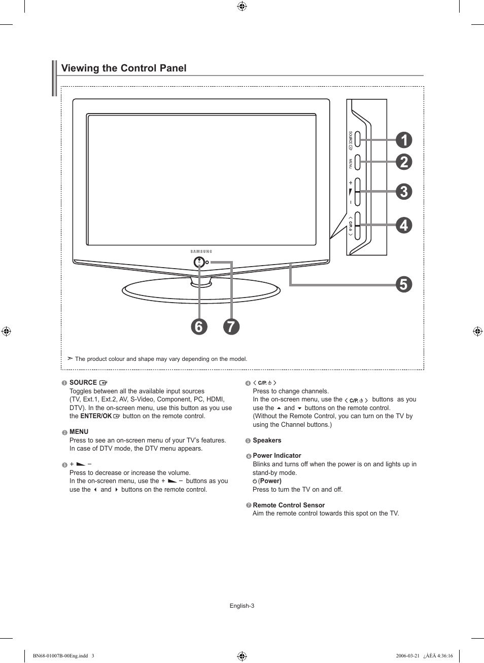 Viewing the control panel | Samsung LE40R73BD User Manual | Page 5 / 107