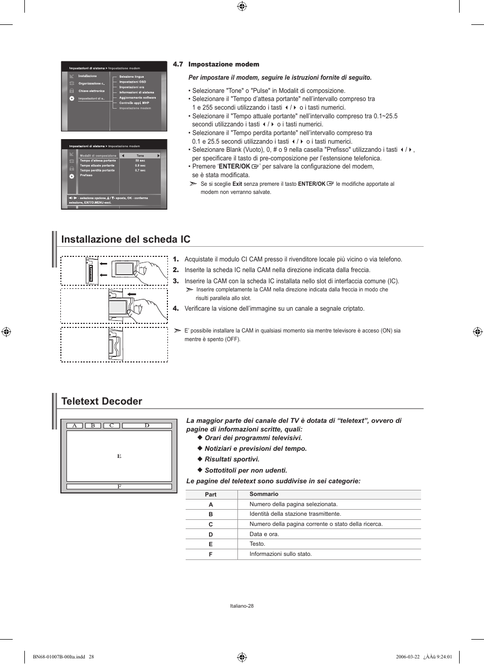 Teletext decoder, Installazione del scheda ic | Samsung LE40R73BD User Manual | Page 64 / 107