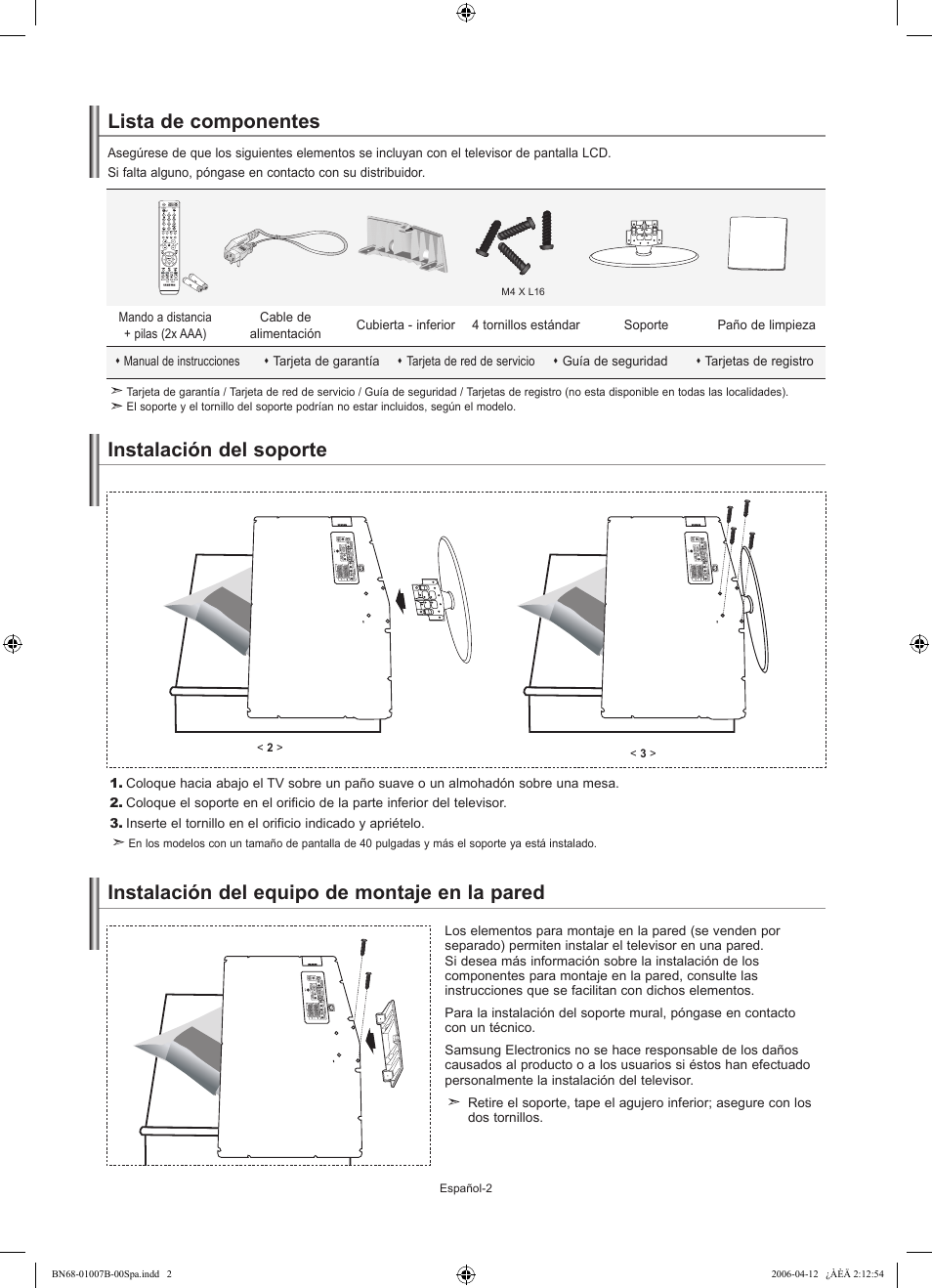 Lista de componentes, Instalación del soporte, Instalación del equipo de montaje en la pared | Samsung LE40R73BD User Manual | Page 74 / 107