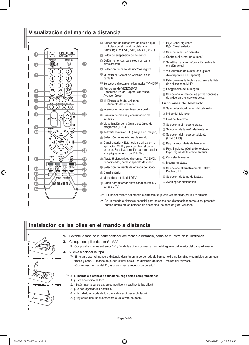 Visualización del mando a distancia, Instalación de las pilas en el mando a distancia | Samsung LE40R73BD User Manual | Page 78 / 107