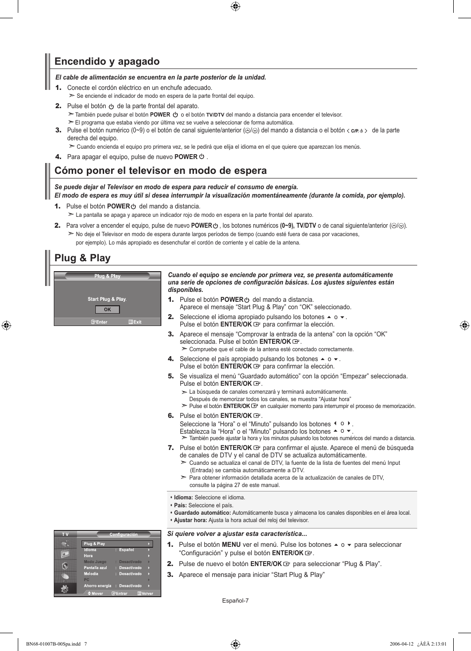 Encendido y apagado, Cómo poner el televisor en modo de espera, Plug & play | Samsung LE40R73BD User Manual | Page 79 / 107
